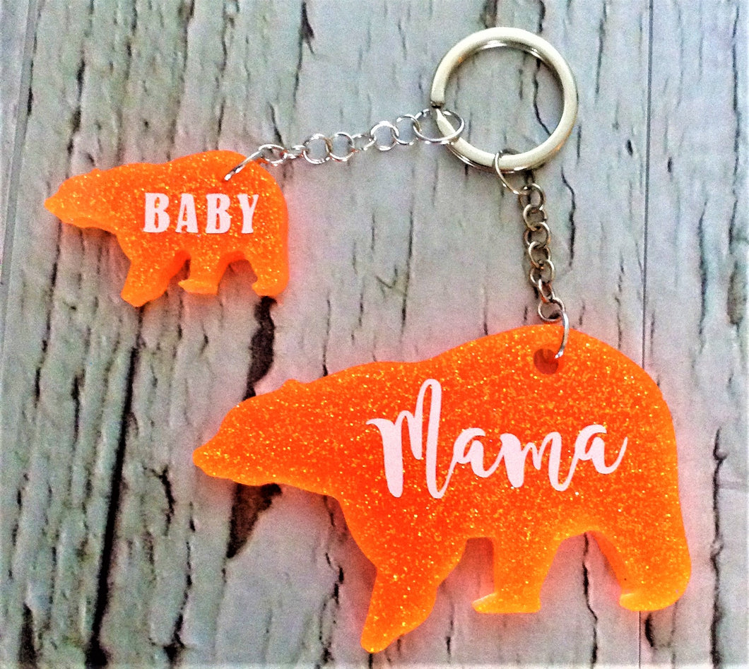 Orange Mama Bear and Cub Keychain